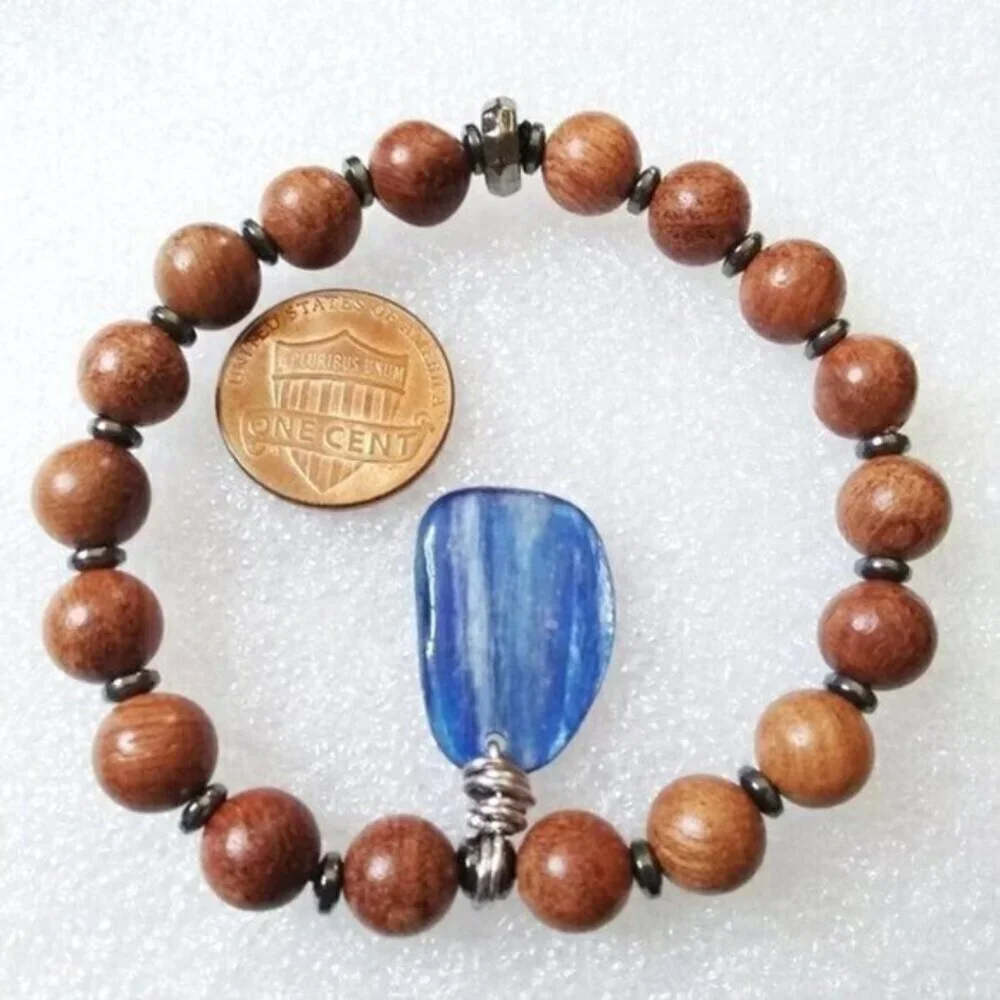 Blue Kyanite + Hematite + Wood ~ Beaded Stretch Bracelet ~ 6-6.5